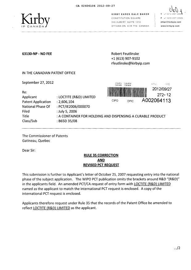 Document de brevet canadien 2606104. Correspondance 20120927. Image 1 de 8