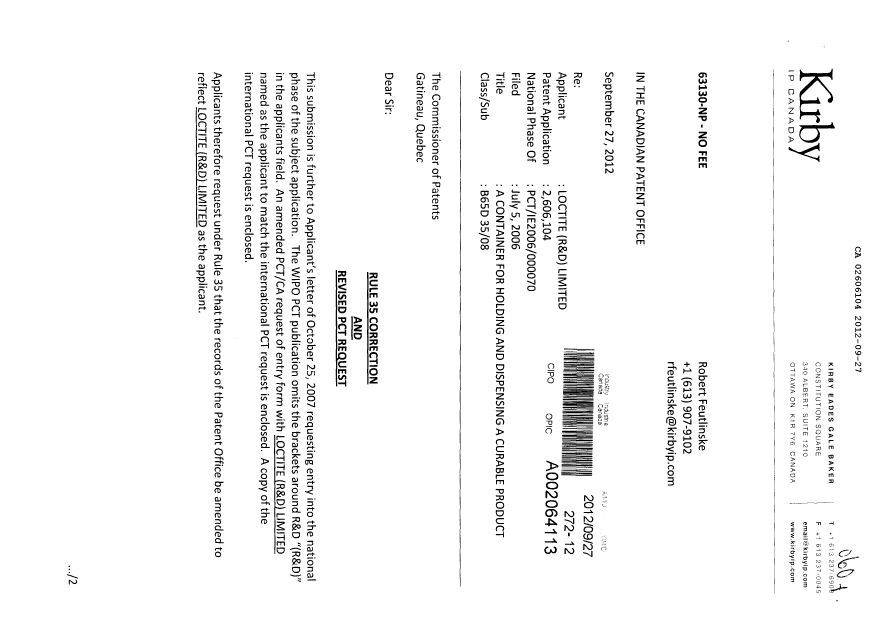 Canadian Patent Document 2606104. Correspondence 20120927. Image 1 of 8