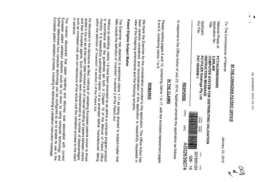 Canadian Patent Document 2606459. Prosecution-Amendment 20141223. Image 1 of 5