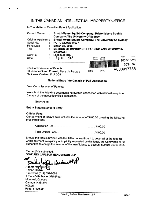 Document de brevet canadien 2606515. Cession 20071026. Image 1 de 3