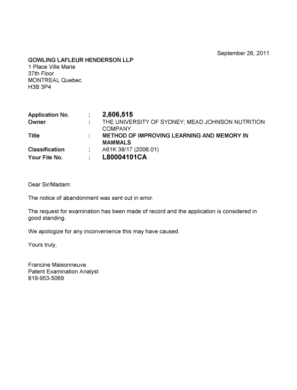 Document de brevet canadien 2606515. Correspondance 20110926. Image 1 de 1