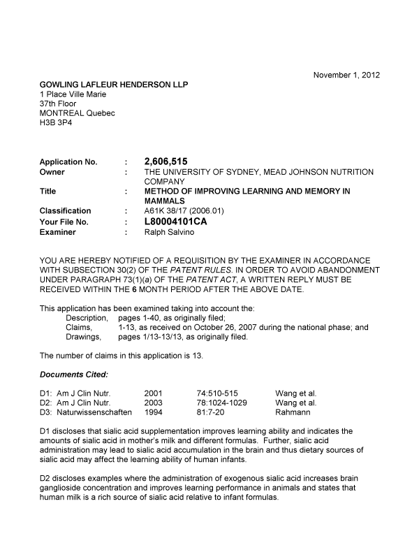 Document de brevet canadien 2606515. Poursuite-Amendment 20121101. Image 1 de 3