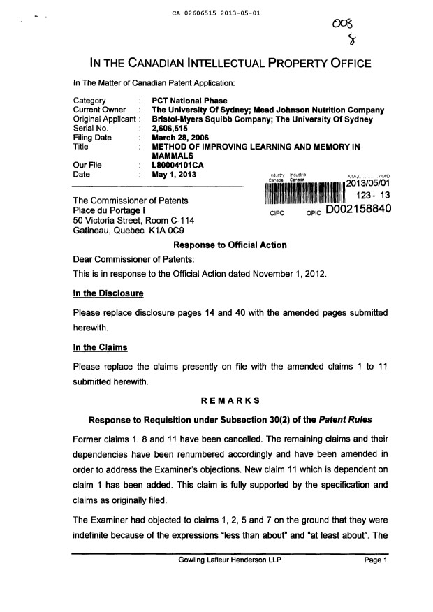 Document de brevet canadien 2606515. Poursuite-Amendment 20130501. Image 1 de 11
