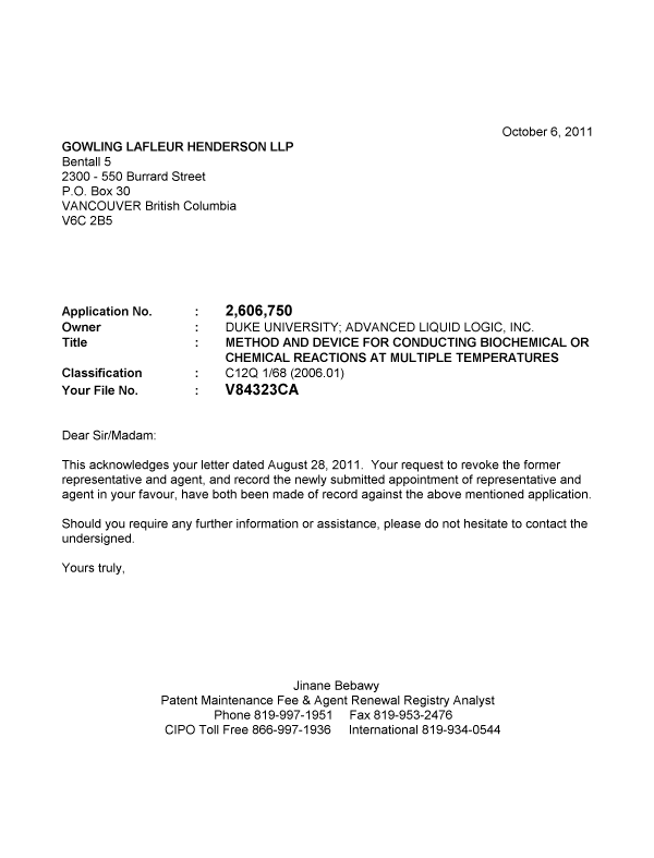 Canadian Patent Document 2606750. Correspondence 20111006. Image 1 of 1