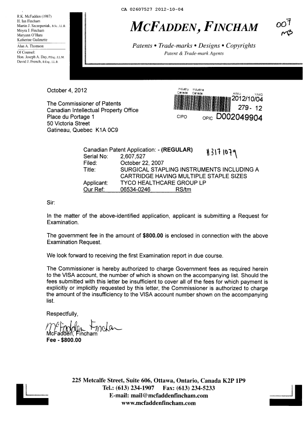 Canadian Patent Document 2607527. Prosecution-Amendment 20121004. Image 1 of 1