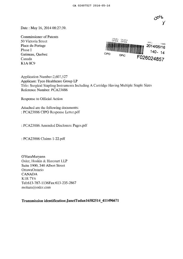 Canadian Patent Document 2607527. Prosecution-Amendment 20140516. Image 1 of 17