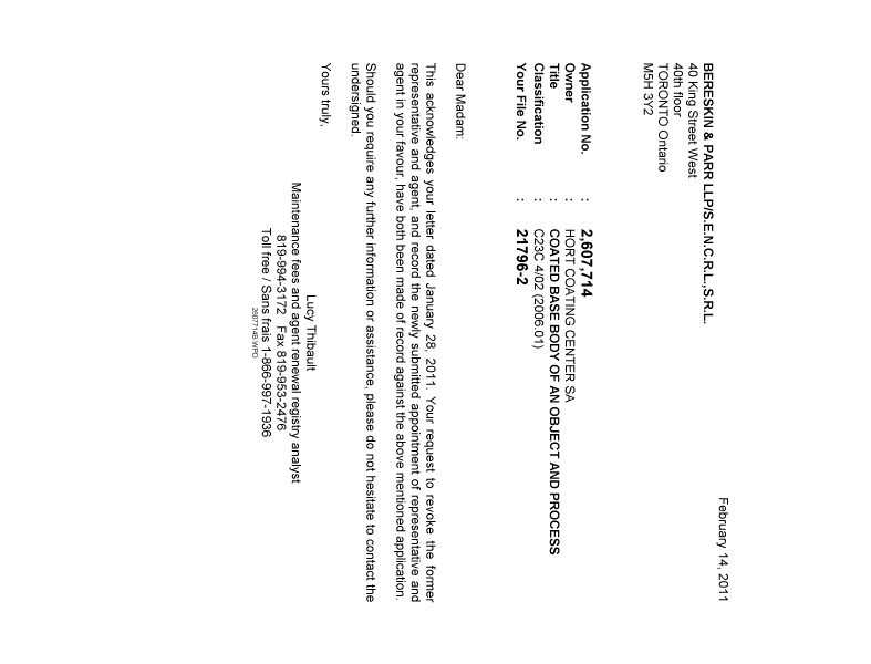 Canadian Patent Document 2607714. Correspondence 20110214. Image 1 of 1