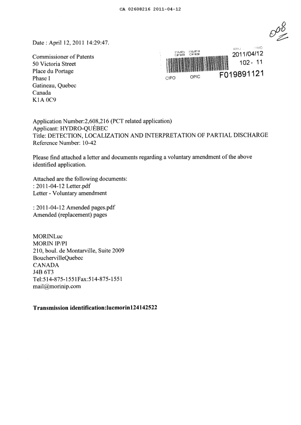 Document de brevet canadien 2608216. Poursuite-Amendment 20101212. Image 1 de 8