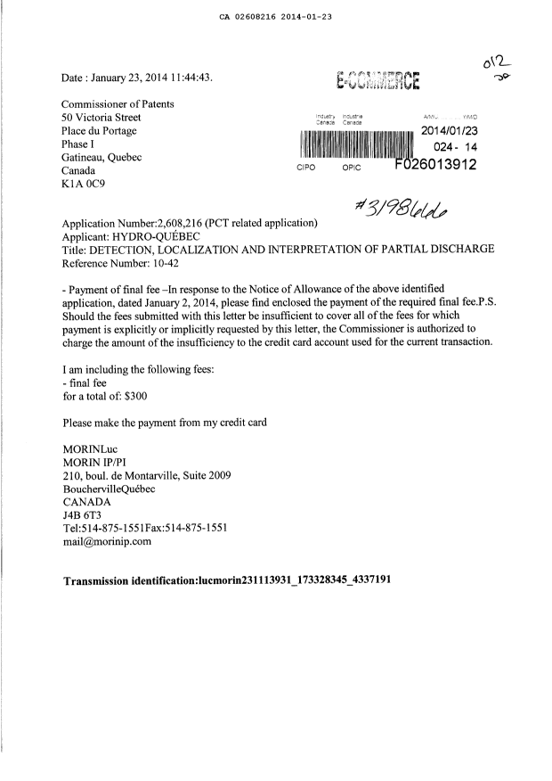 Document de brevet canadien 2608216. Correspondance 20131223. Image 1 de 1