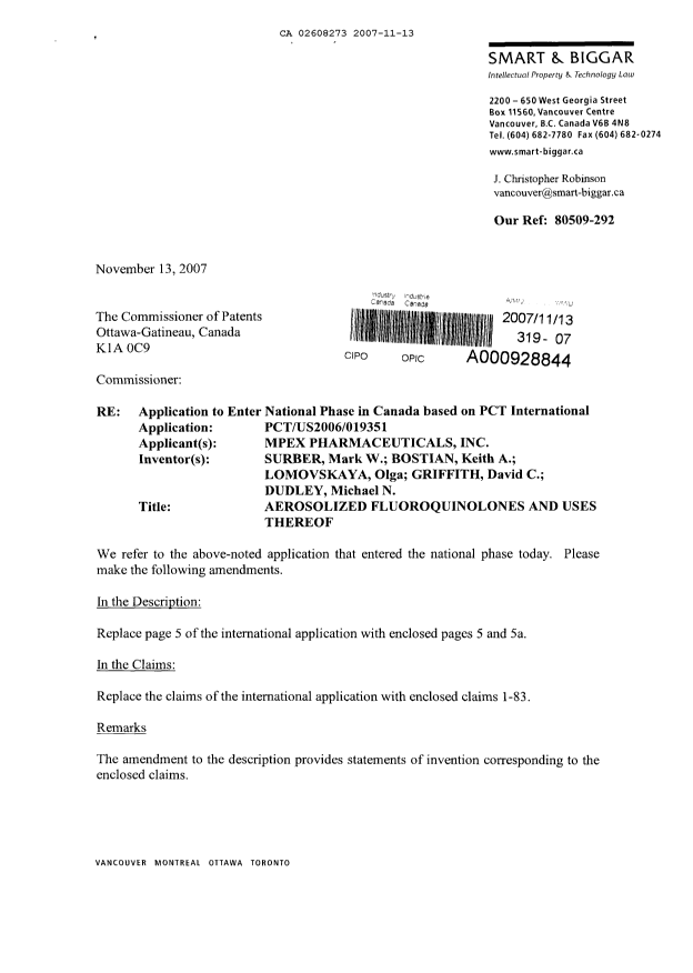 Canadian Patent Document 2608273. Prosecution-Amendment 20071113. Image 1 of 11