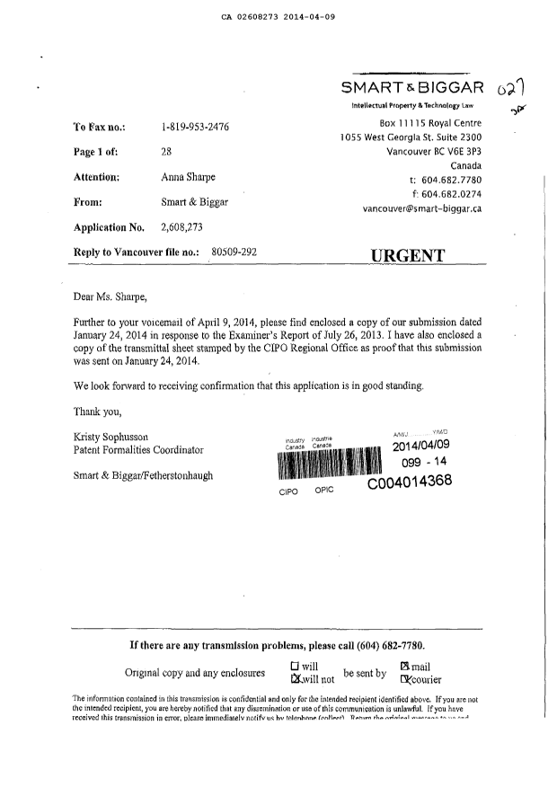 Canadian Patent Document 2608273. Prosecution-Amendment 20140409. Image 1 of 28