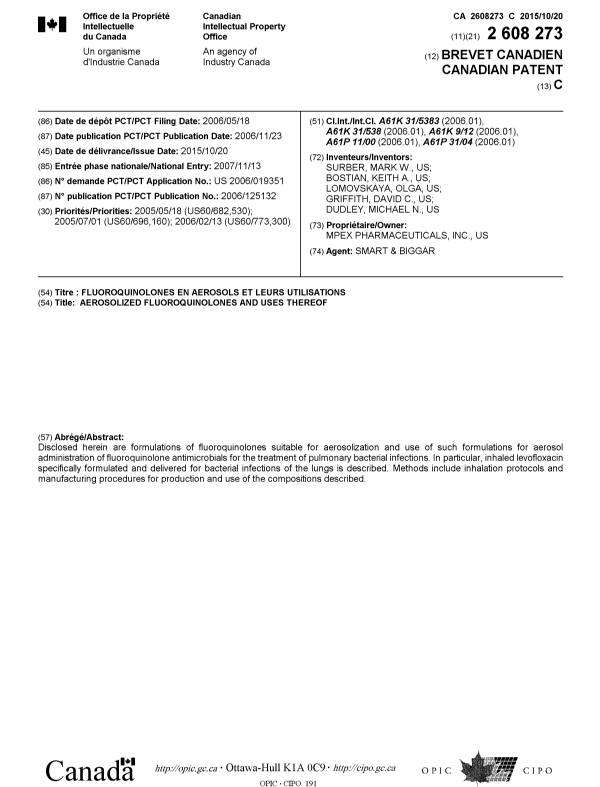 Canadian Patent Document 2608273. Cover Page 20150924. Image 1 of 1