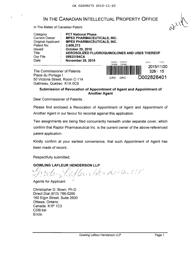 Document de brevet canadien 2608273. Changement de nomination d'agent 20151120. Image 1 de 2