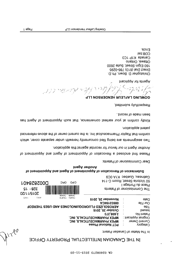 Canadian Patent Document 2608273. Change of Agent 20151120. Image 1 of 2