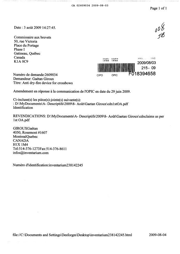 Document de brevet canadien 2609034. Poursuite-Amendment 20090803. Image 1 de 4