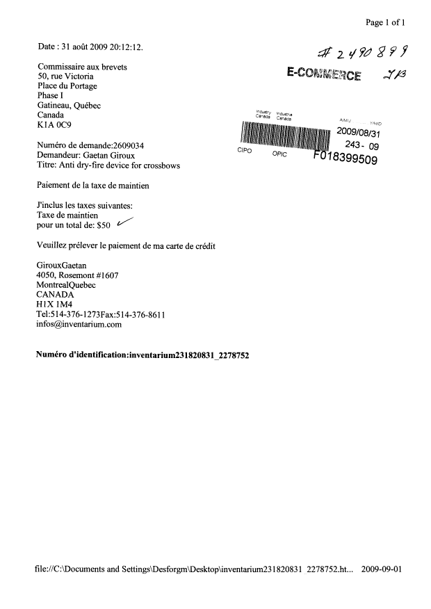 Document de brevet canadien 2609034. Taxes 20090831. Image 1 de 1
