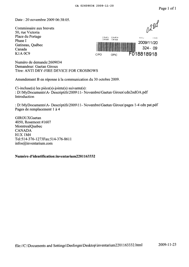 Document de brevet canadien 2609034. Correspondance 20091120. Image 1 de 6