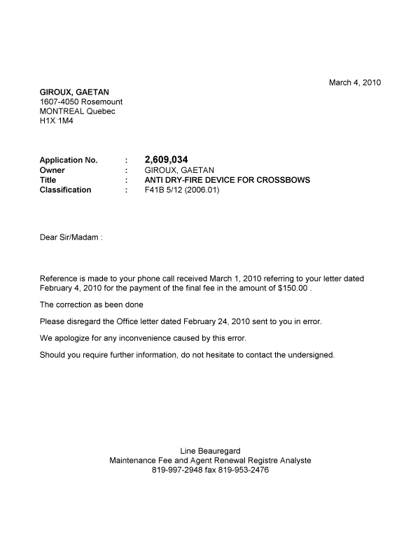 Document de brevet canadien 2609034. Correspondance 20091204. Image 1 de 1