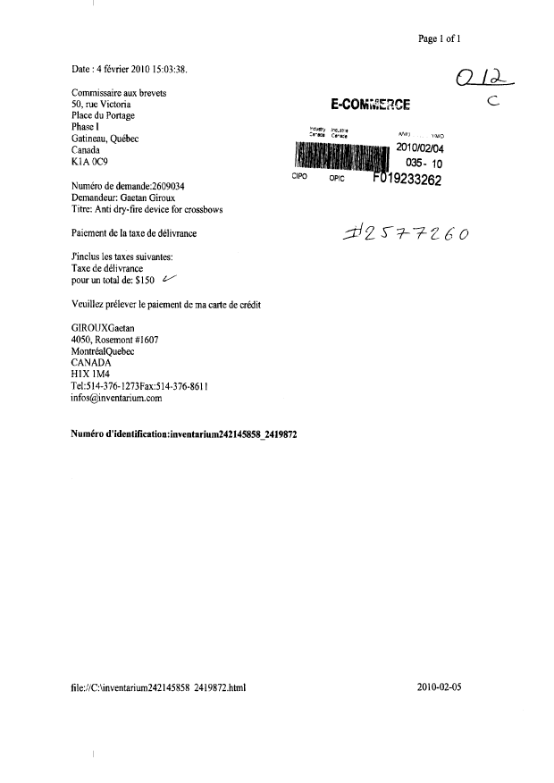 Document de brevet canadien 2609034. Correspondance 20100204. Image 1 de 1