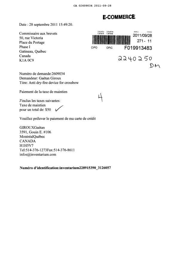 Document de brevet canadien 2609034. Taxes 20110928. Image 1 de 1