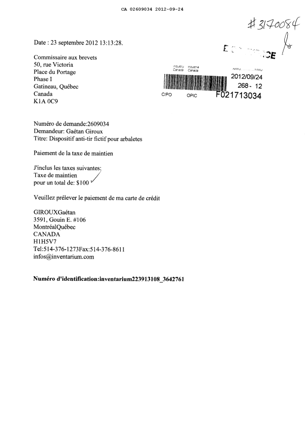 Document de brevet canadien 2609034. Taxes 20111224. Image 1 de 1