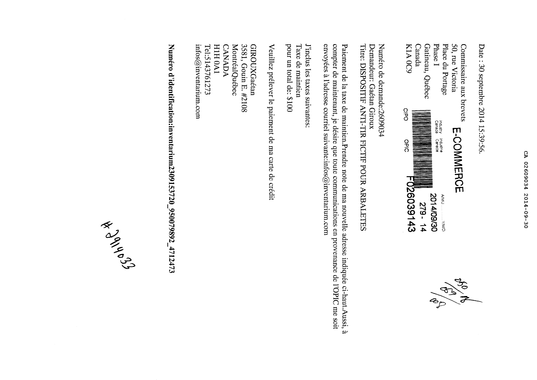 Document de brevet canadien 2609034. Correspondance 20131230. Image 1 de 1