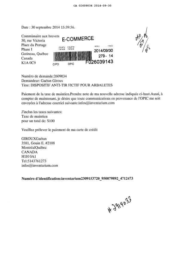 Document de brevet canadien 2609034. Correspondance 20140930. Image 1 de 1