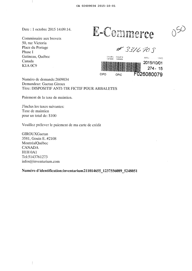 Document de brevet canadien 2609034. Paiement de taxe périodique 20151001. Image 1 de 1