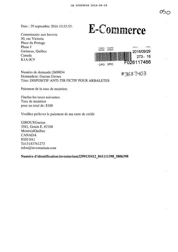 Document de brevet canadien 2609034. Taxes 20151229. Image 1 de 1