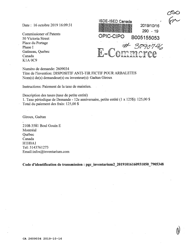 Document de brevet canadien 2609034. Paiement de taxe périodique 20191016. Image 1 de 1