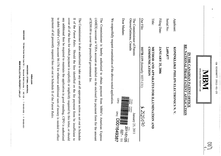 Canadian Patent Document 2609877. Prosecution-Amendment 20110125. Image 1 of 2