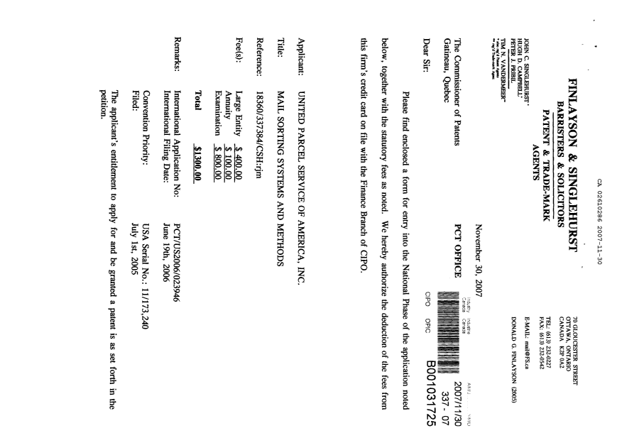 Document de brevet canadien 2610286. Cession 20071130. Image 1 de 4