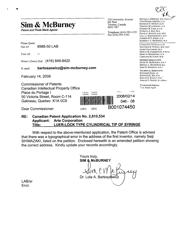 Canadian Patent Document 2610534. Correspondence 20080214. Image 1 of 3