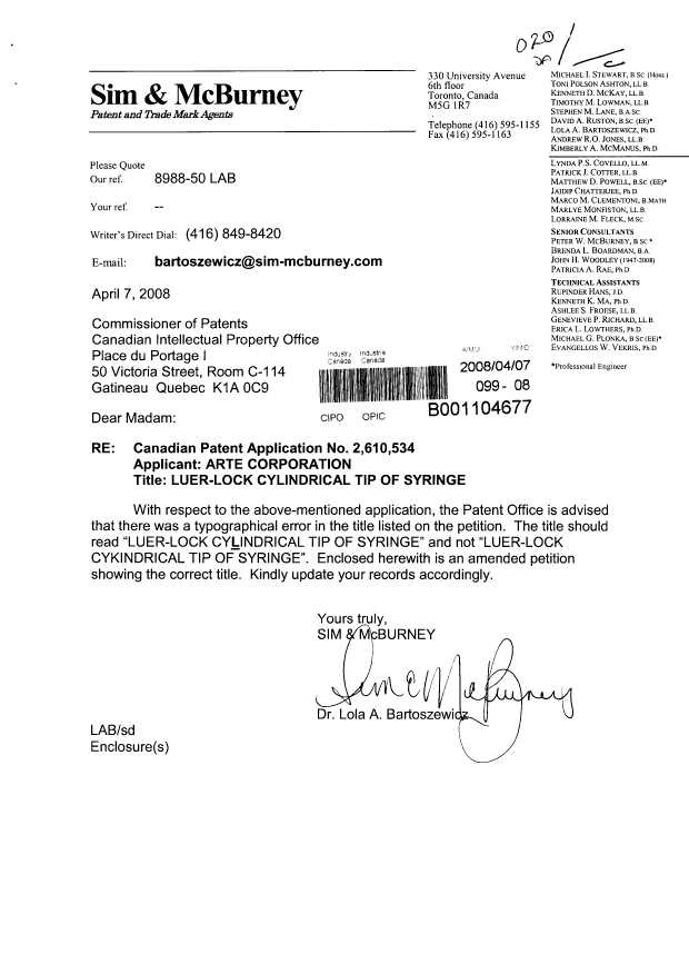 Canadian Patent Document 2610534. Correspondence 20080407. Image 1 of 3