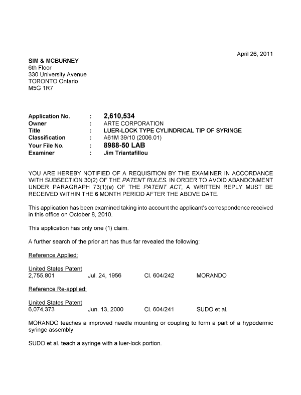 Canadian Patent Document 2610534. Prosecution-Amendment 20110426. Image 1 of 3