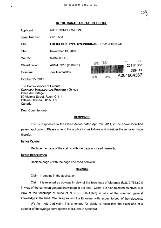 Canadian Patent Document 2610534. Prosecution-Amendment 20111025. Image 1 of 5