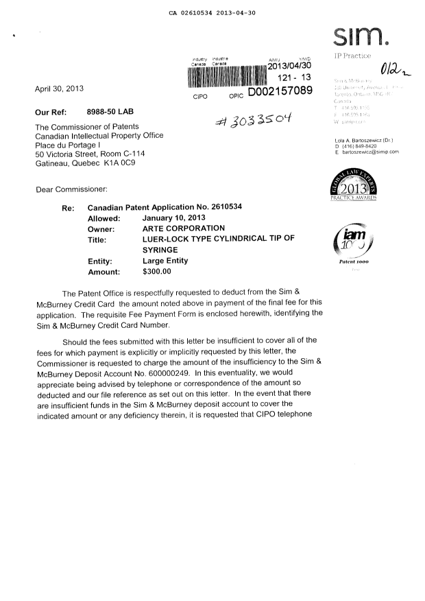 Canadian Patent Document 2610534. Correspondence 20130430. Image 1 of 2