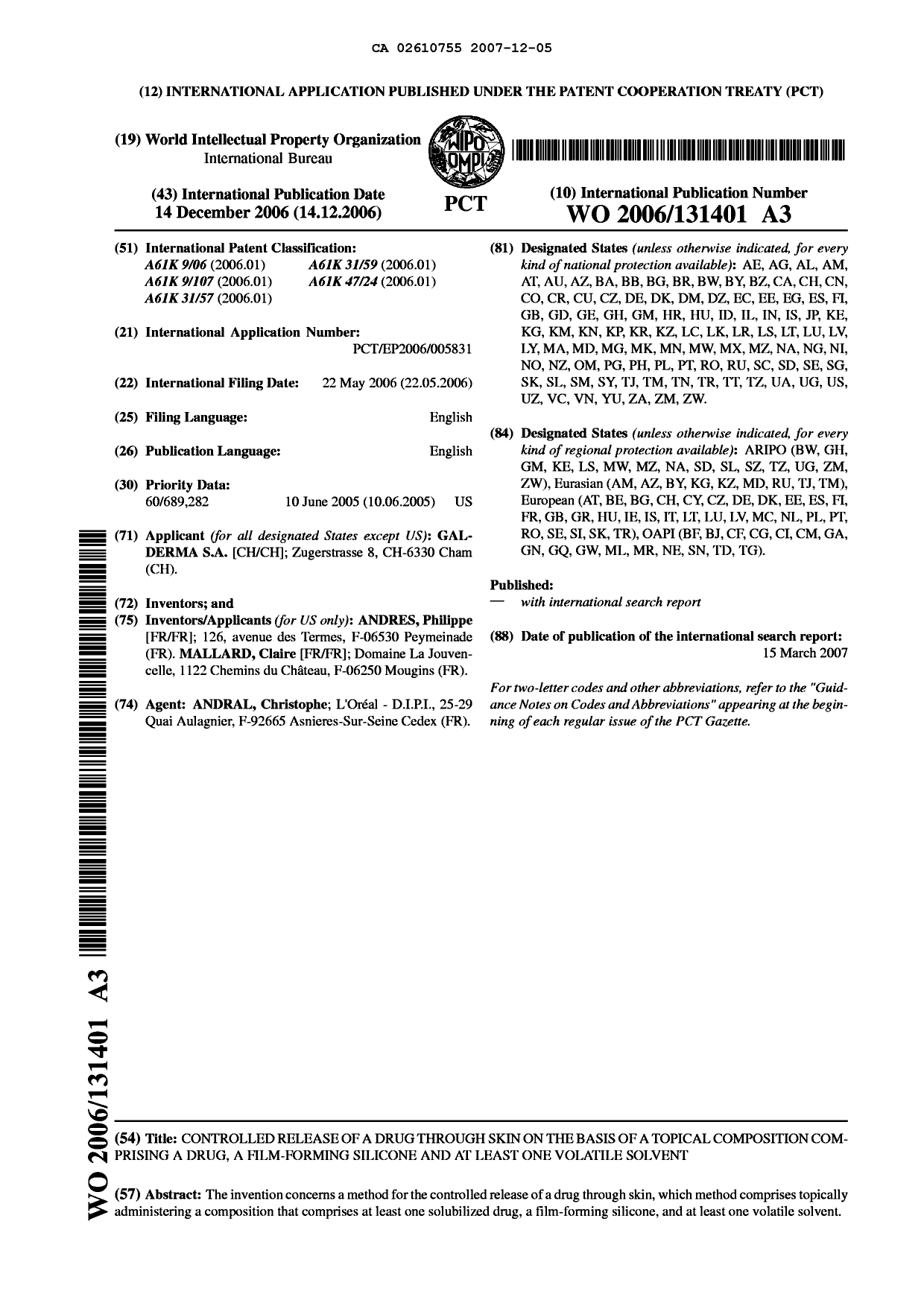 Document de brevet canadien 2610755. Abrégé 20061205. Image 1 de 1