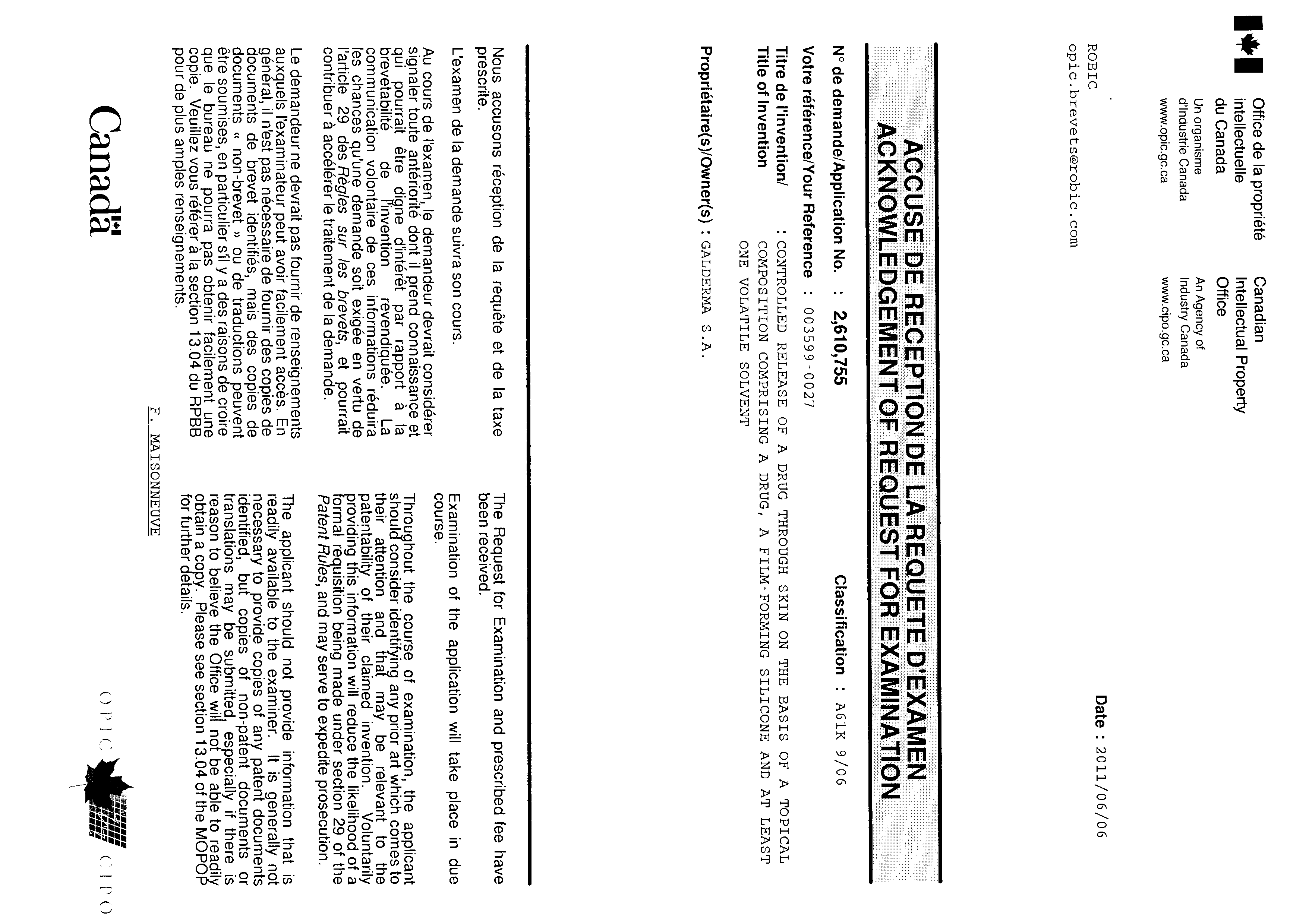 Document de brevet canadien 2610755. Correspondance 20101206. Image 1 de 1