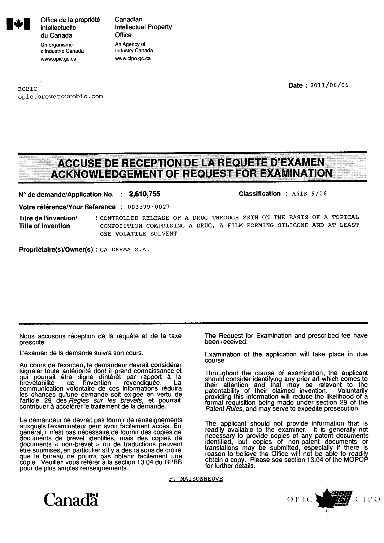 Canadian Patent Document 2610755. Correspondence 20101206. Image 1 of 1