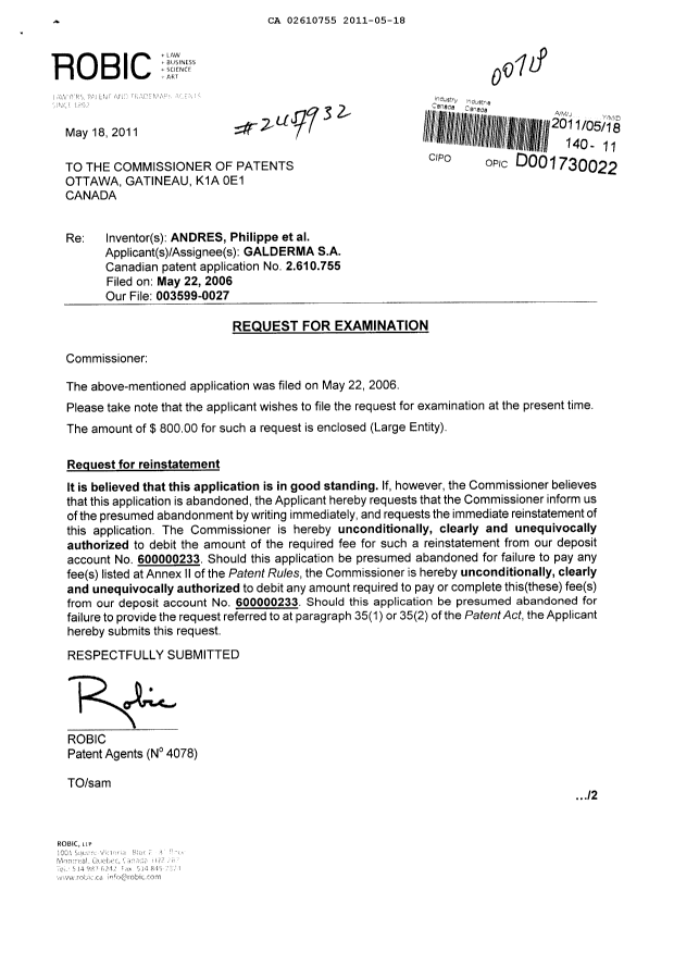 Document de brevet canadien 2610755. Poursuite-Amendment 20101218. Image 1 de 2