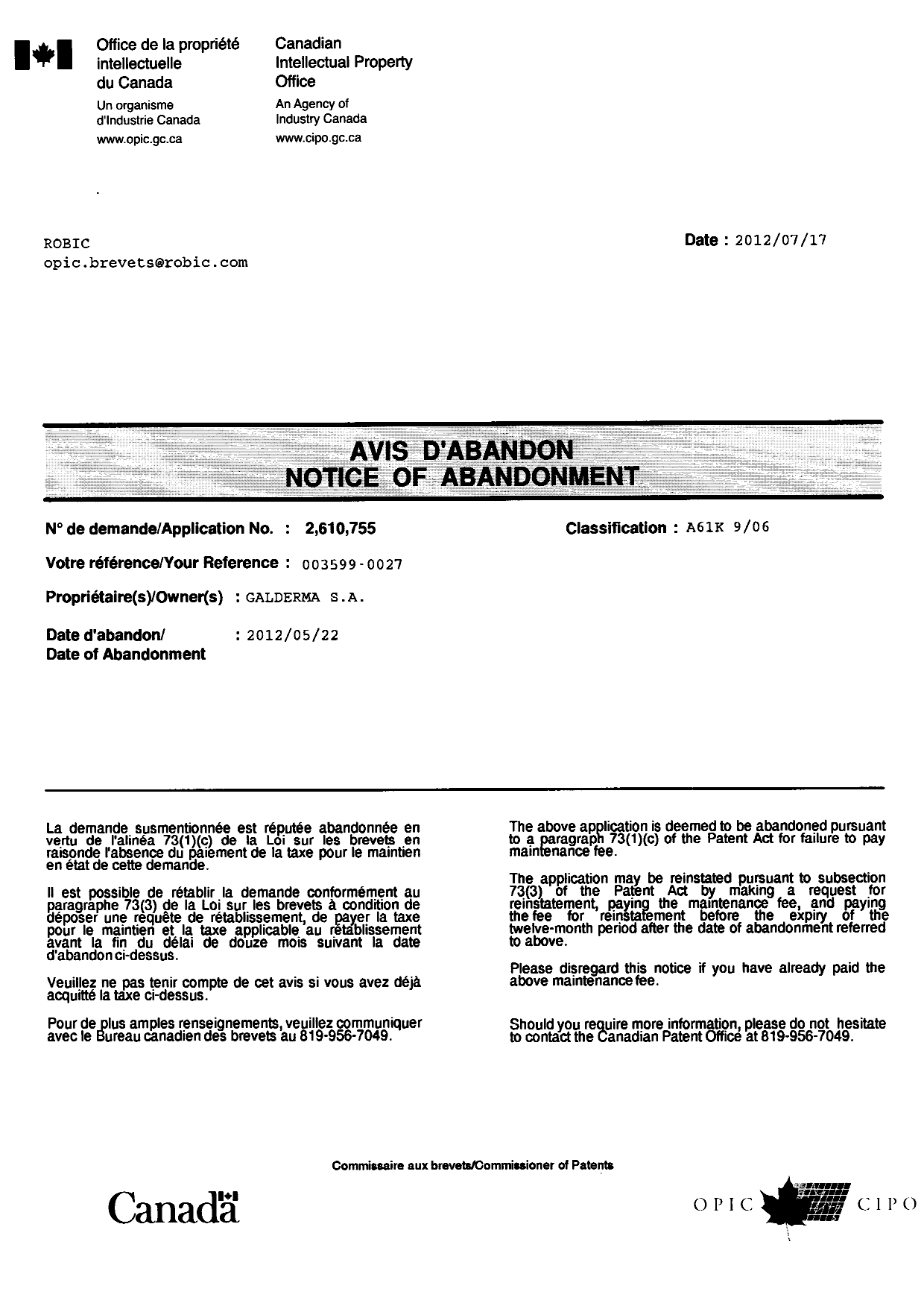 Canadian Patent Document 2610755. Correspondence 20111217. Image 1 of 1