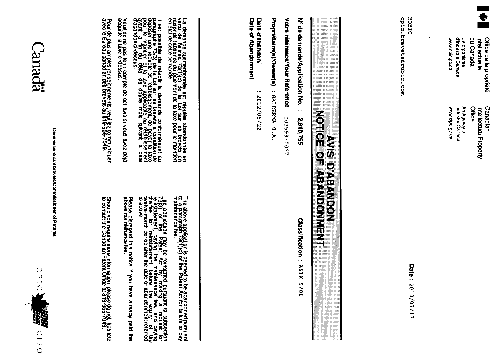 Document de brevet canadien 2610755. Correspondance 20111217. Image 1 de 1