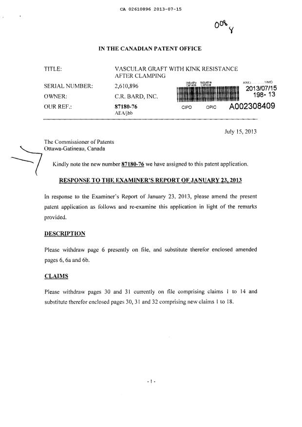 Canadian Patent Document 2610896. Prosecution-Amendment 20121215. Image 1 of 13