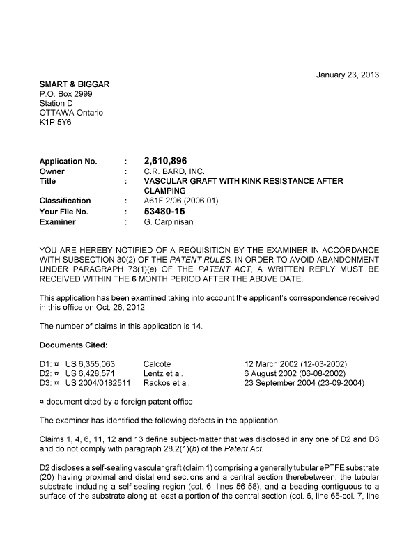 Canadian Patent Document 2610896. Prosecution-Amendment 20121223. Image 1 of 2