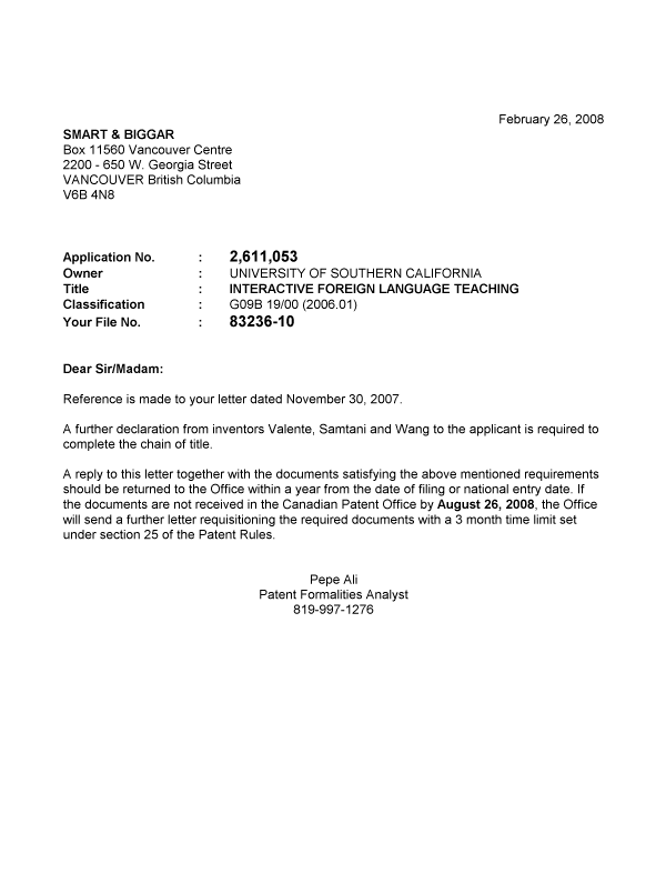 Canadian Patent Document 2611053. Correspondence 20080221. Image 1 of 1
