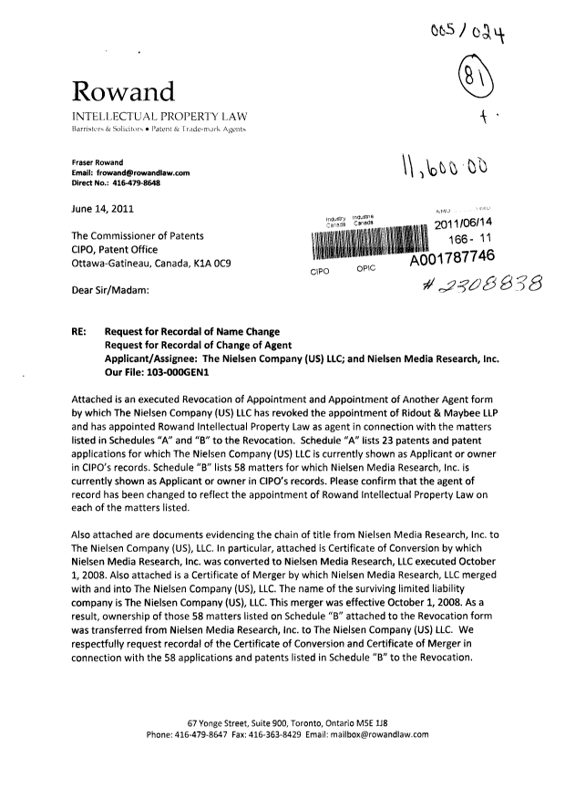 Document de brevet canadien 2611070. Cession 20110614. Image 1 de 8