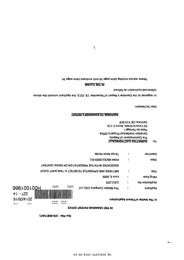 Canadian Patent Document 2611070. Prosecution-Amendment 20131216. Image 1 of 8