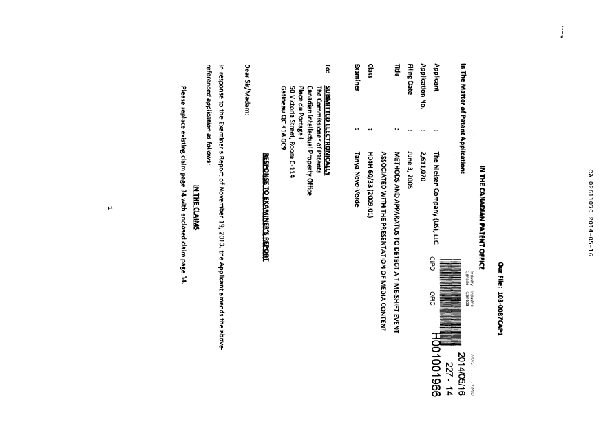 Document de brevet canadien 2611070. Poursuite-Amendment 20131216. Image 1 de 8