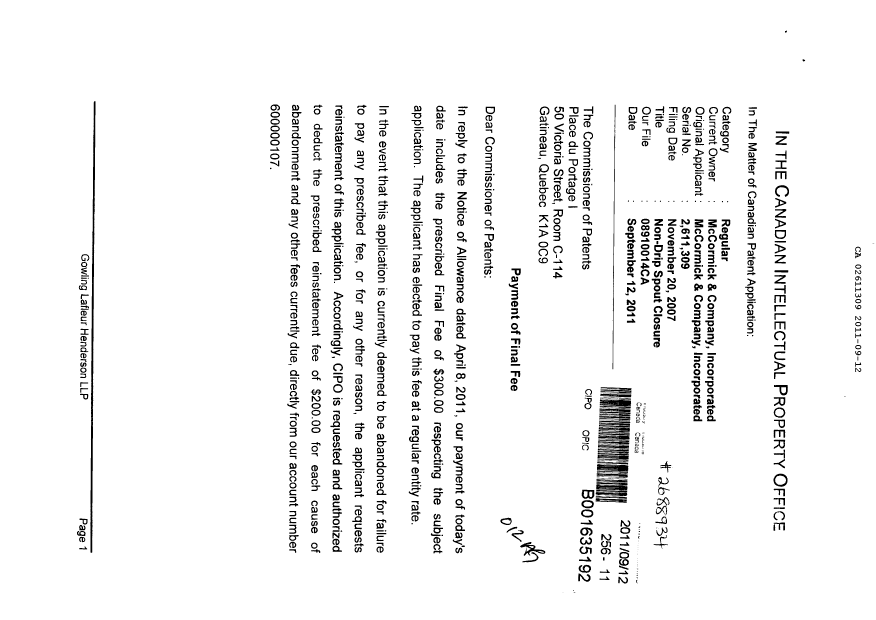 Canadian Patent Document 2611309. Correspondence 20110912. Image 1 of 2